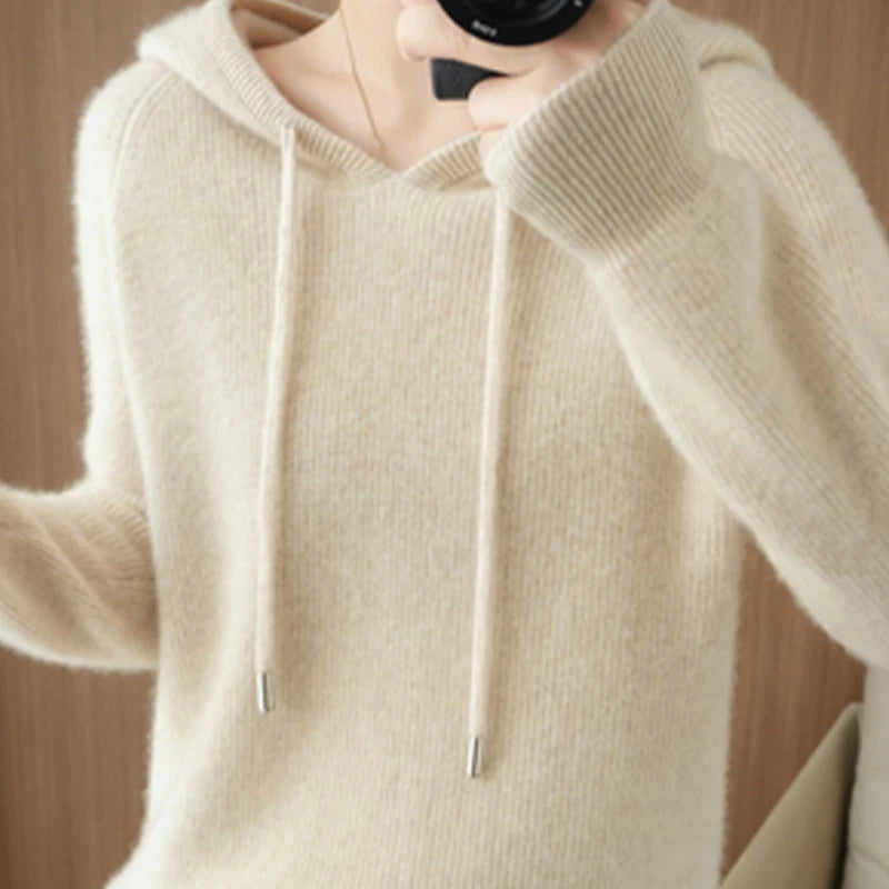 Winter Women's Knitted Cashmere Pullover Fashion Wool Sweater Hooded Neck Long Sleeve plane Soft&warm high-quality Basics Tops