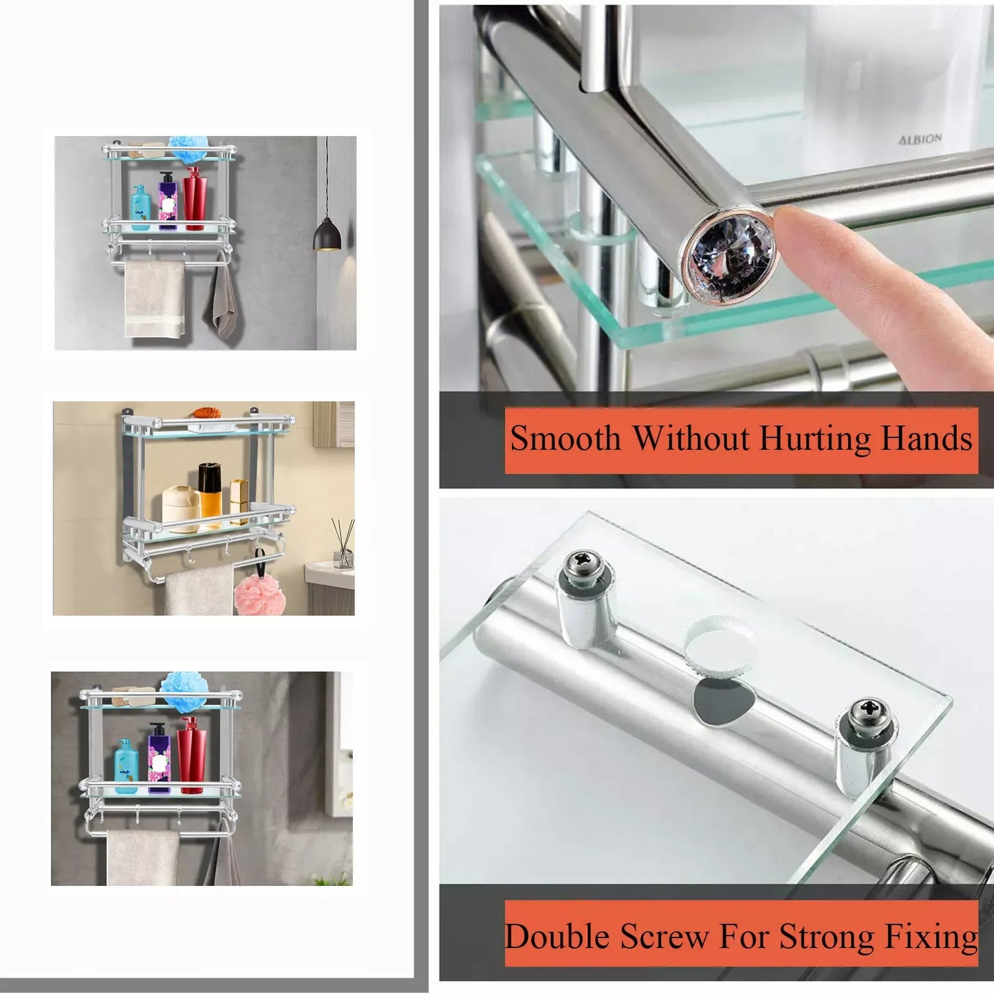 3 Tier Bathroom Shelf Towel Rack Tempered Glass Floating Shelves Wall Mounted Stainless Steel Rack Rail Holder Organizer