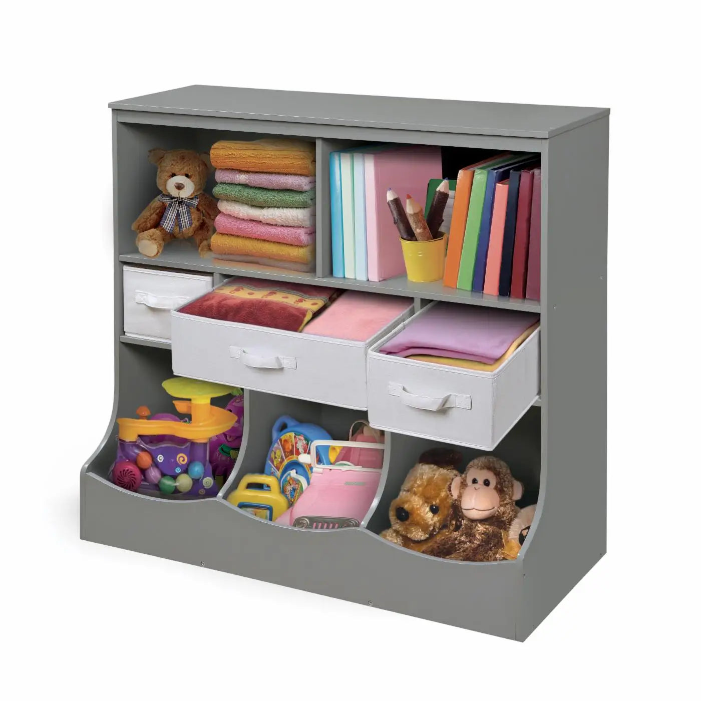 Kids Toy Storage Organizer, Organization Storage Cabinet W/Display Shelf & 3 Removable Fabric Bins, Wooden Toy Storage Unit