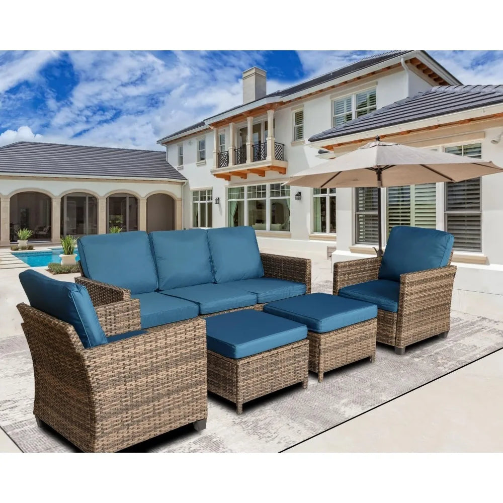 Rattan Outdoor Combination Reception Set, Terrace Furniture, 3 Outdoor Sofas, 2 Single Chairs, 2 Footstools