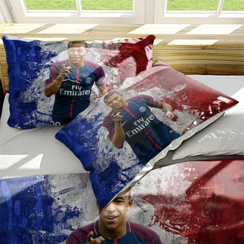 Soccer Star Kylian Mbappe Bedding Set, 3 Piece, Cartoon Themed Duvet Cover, Breathable Microfiber Material and Pillowcases Gift