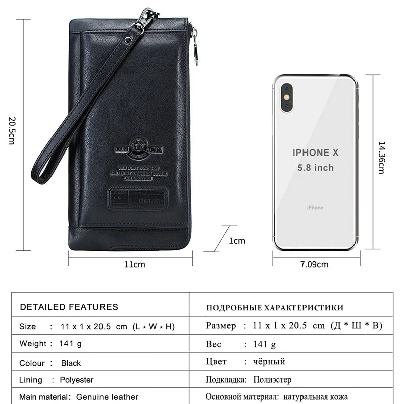 CONTACT'S Wristlet Bag Genuine Leather RFID Cellphone Wallet Men's Clutch Wallets Men Credit Card Holder Male Long Purse Zipper