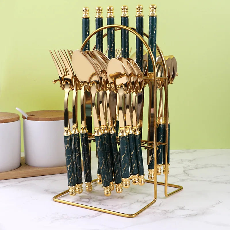 24-piece Set of Stainless Steel Cutlery with Rack, Exquisite Ceramic Handle Spoon and Fork Set Dishwasher Safe Cutlery Set