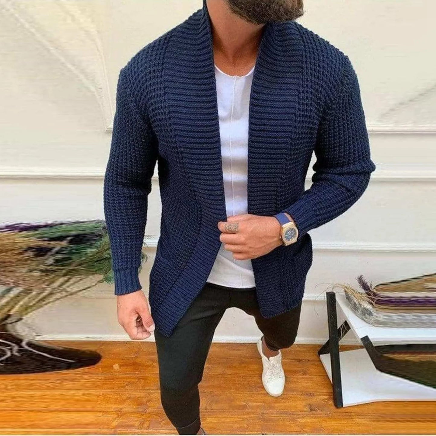 Men Striped Knitted Cardigan Business Casual Long Sleeve Knitting Jacket Spring Autumn Solid Color Fashion Male Long Sweaters