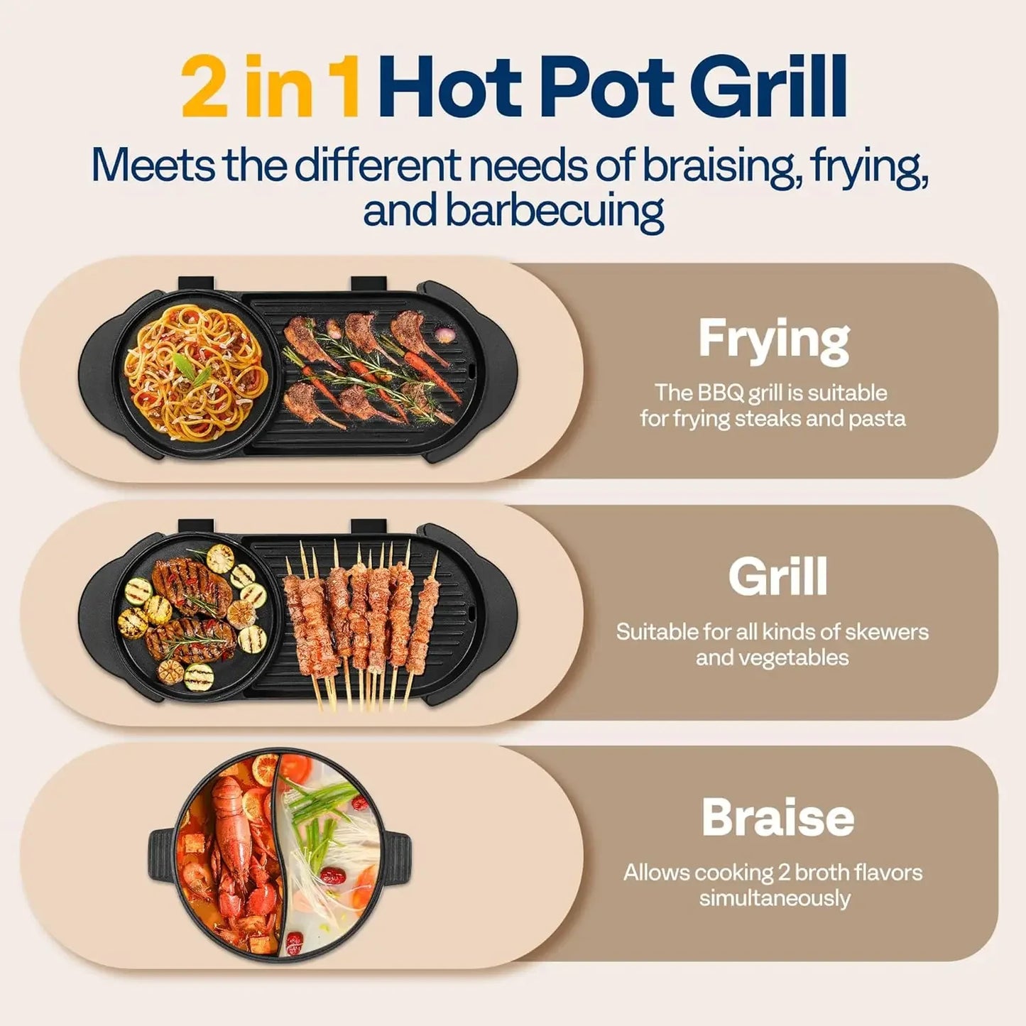 2000W Electric Hot Pot with Grill, Removable Shabu-shabu Pot w/Non-stick Baking Pan, Separate Temperature Control 2-IN-1 Hotpot