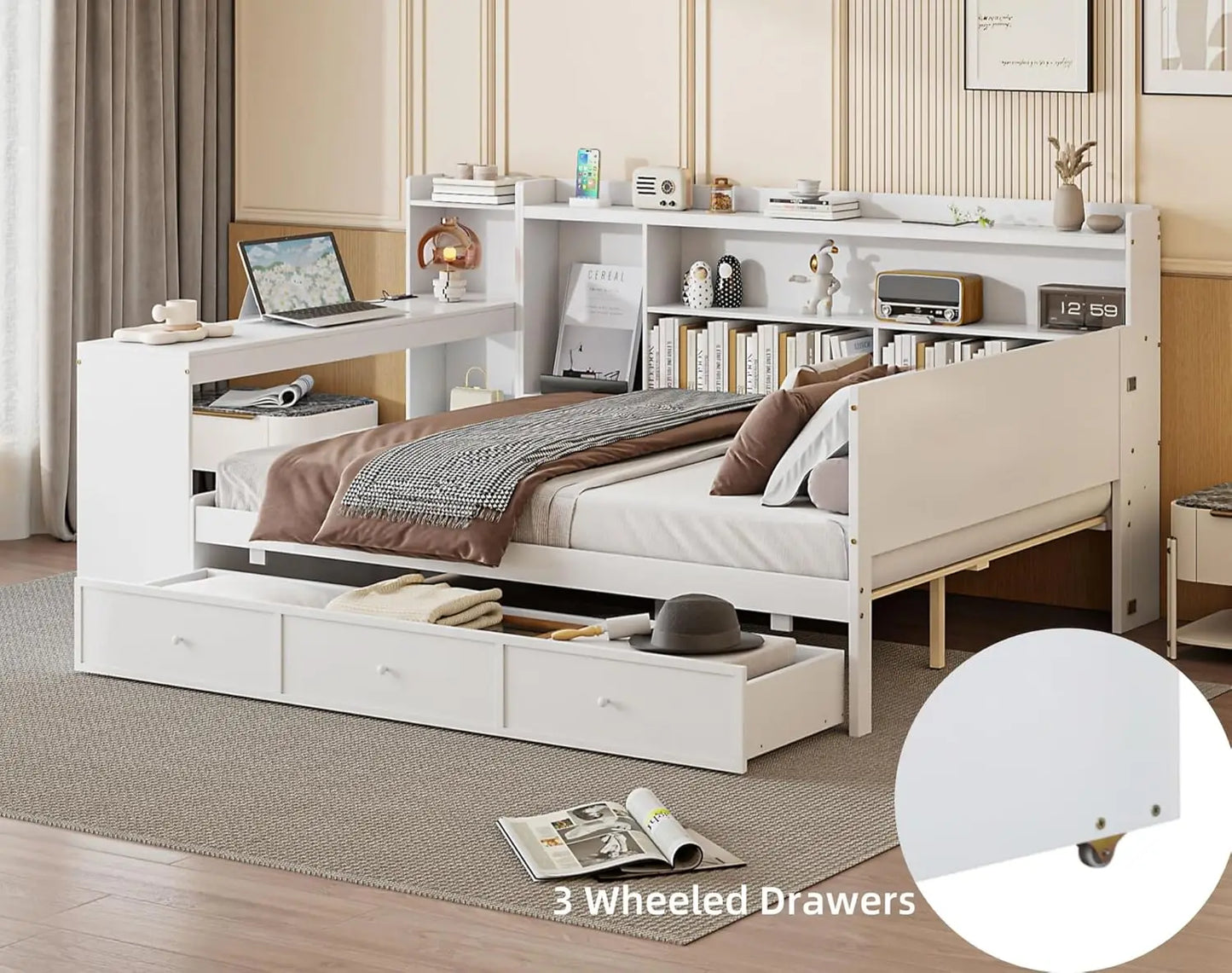 Full Size Corner Bed Frames with Desk and 3 Storage Drawers USB Port Shelves Headboard, Pinewood U-Shaped Captain Daybed
