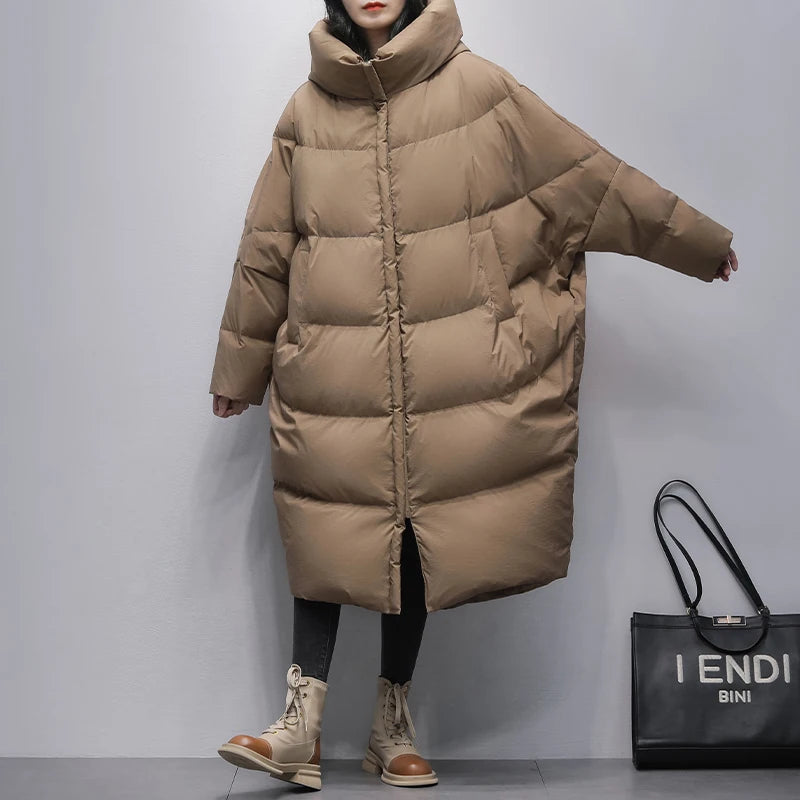 Winter Long Down Jacket Female 2025 New Korean Bat sleeve Hooded 90% White duck down Coat Women's Loose Warm Parkas Overcoat