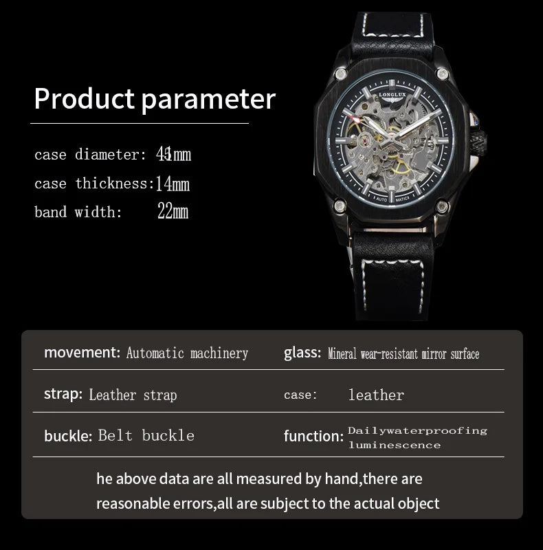 LONGLUX automatic watch sport style wholesale mechanical wristwatches fashion hollow leather mens watch men gift