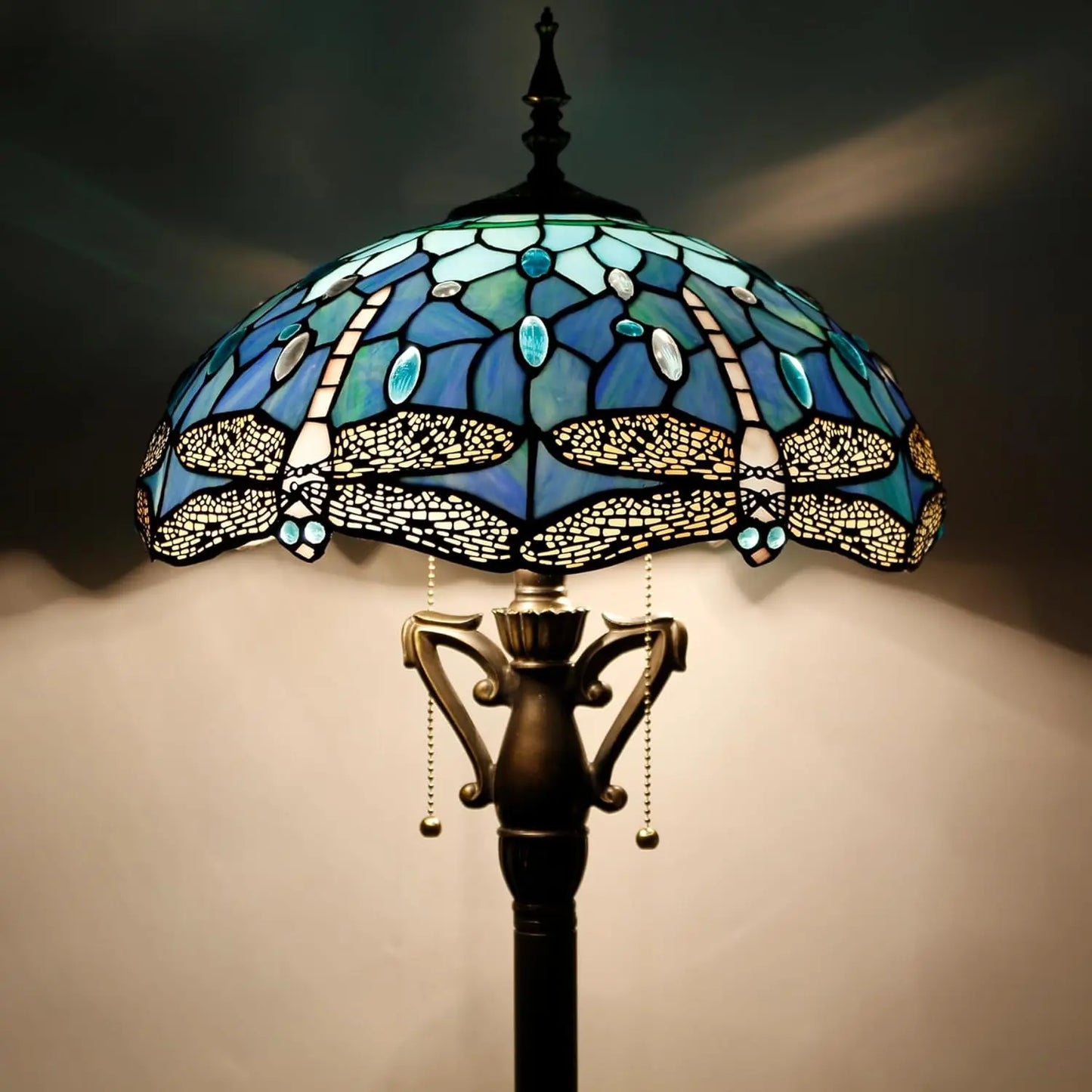 Tiffany Floor Lamp Blue Dragonfly Stained Glass Standing Reading Light 16X16X64 Inches Antique Pole Corner Lamp Decor Bedroom