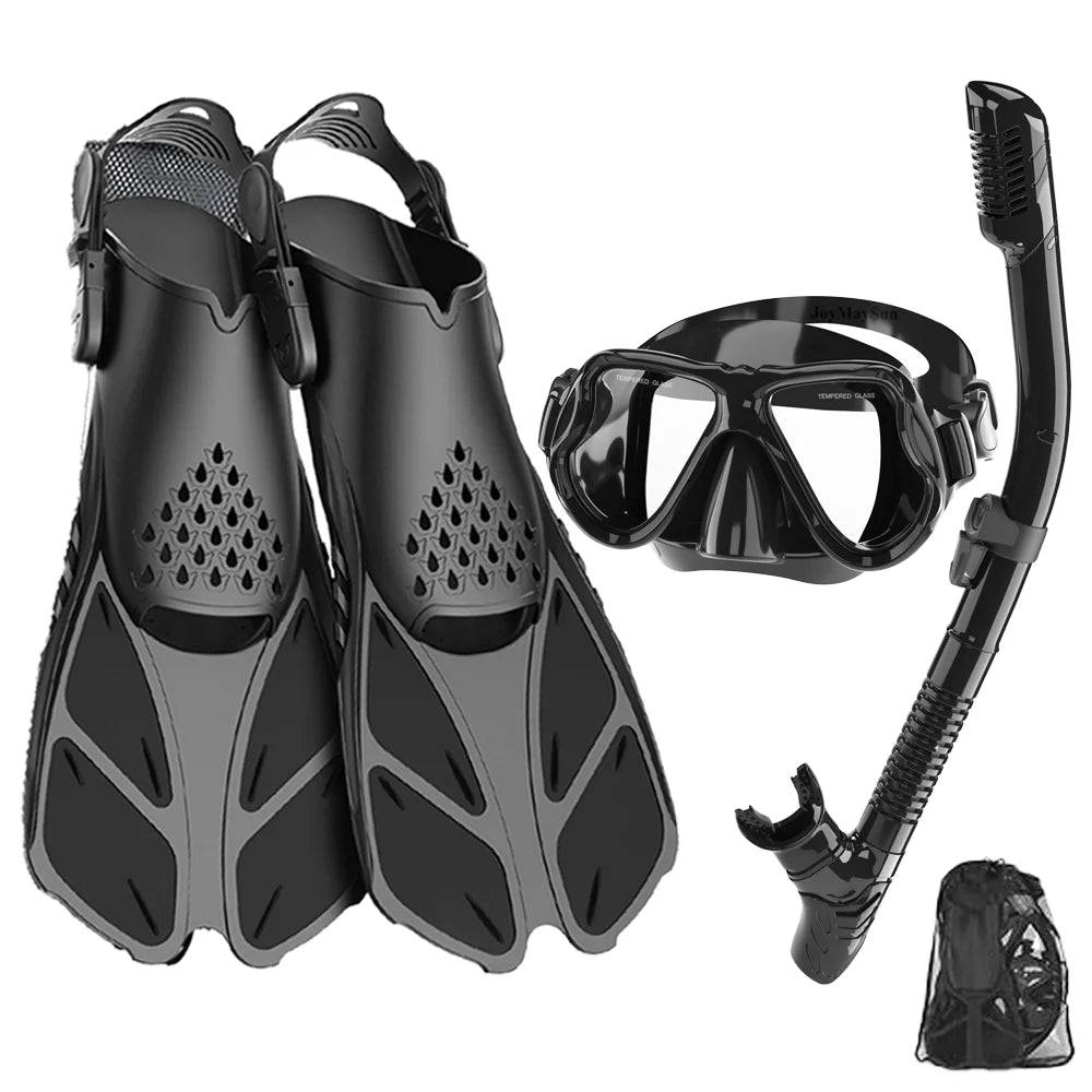 Mask Fin Snorkel Set Snorkeling Gear for Adults with Panoramic View Anti-Fog Mask Trek Fins Dry Top Snorkel and Gear Bag