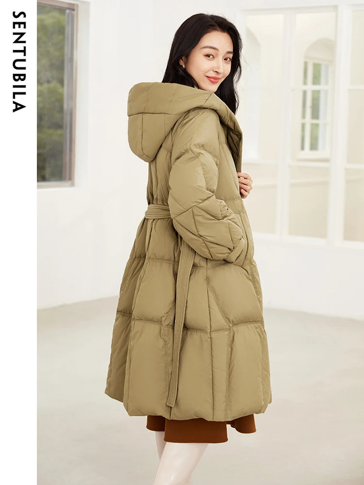 SENTUBILA Women's Winter Puffer Down Jacket Women 2024 Hooded Lantern Sleeve Windproof Mid-Length Down Coats Ladies W44Y58448X