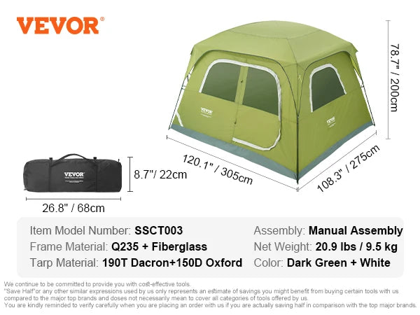 VEVOR 6 Person Outdoor Profession Fabric Tent Rainfly Waterproof Camping Tent Family Outdoor Instant Setup Tent with Carring Bag