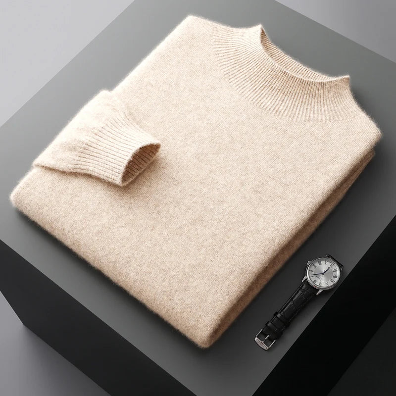 New Men's 100% Merino Wool Mock Neck Pullover Cashmere Sweater Soft Warm Jumpers Quality Casual Smart Knitwear Basic Tops Clothi