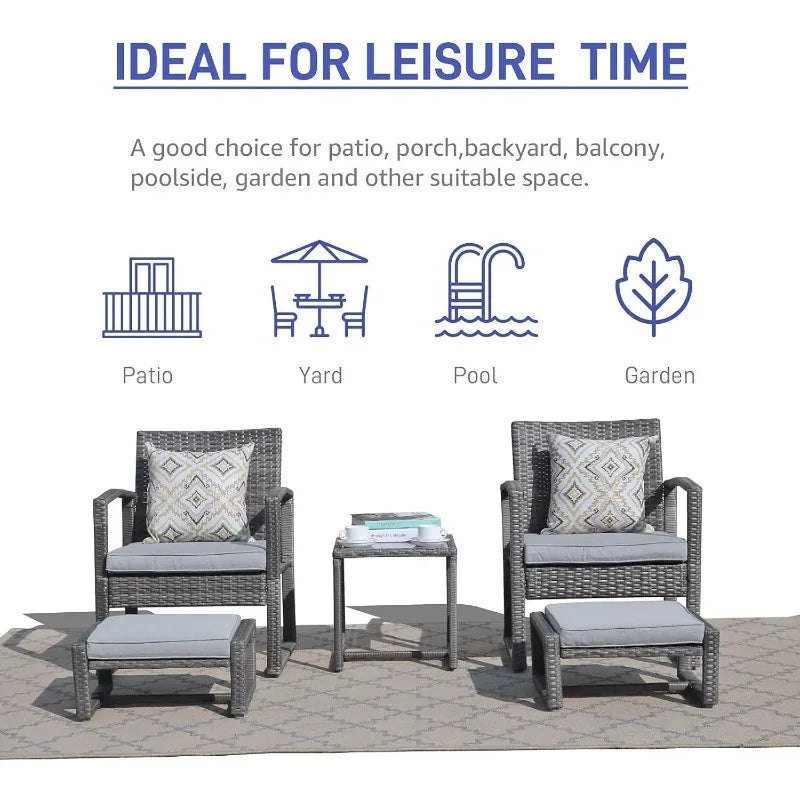 Patiorama 5 Piece Outdoor Patio Wicker Furniture Set, All Weather PE Rattan Chair and Ottoman Footstool Set, W/Coffee Table,