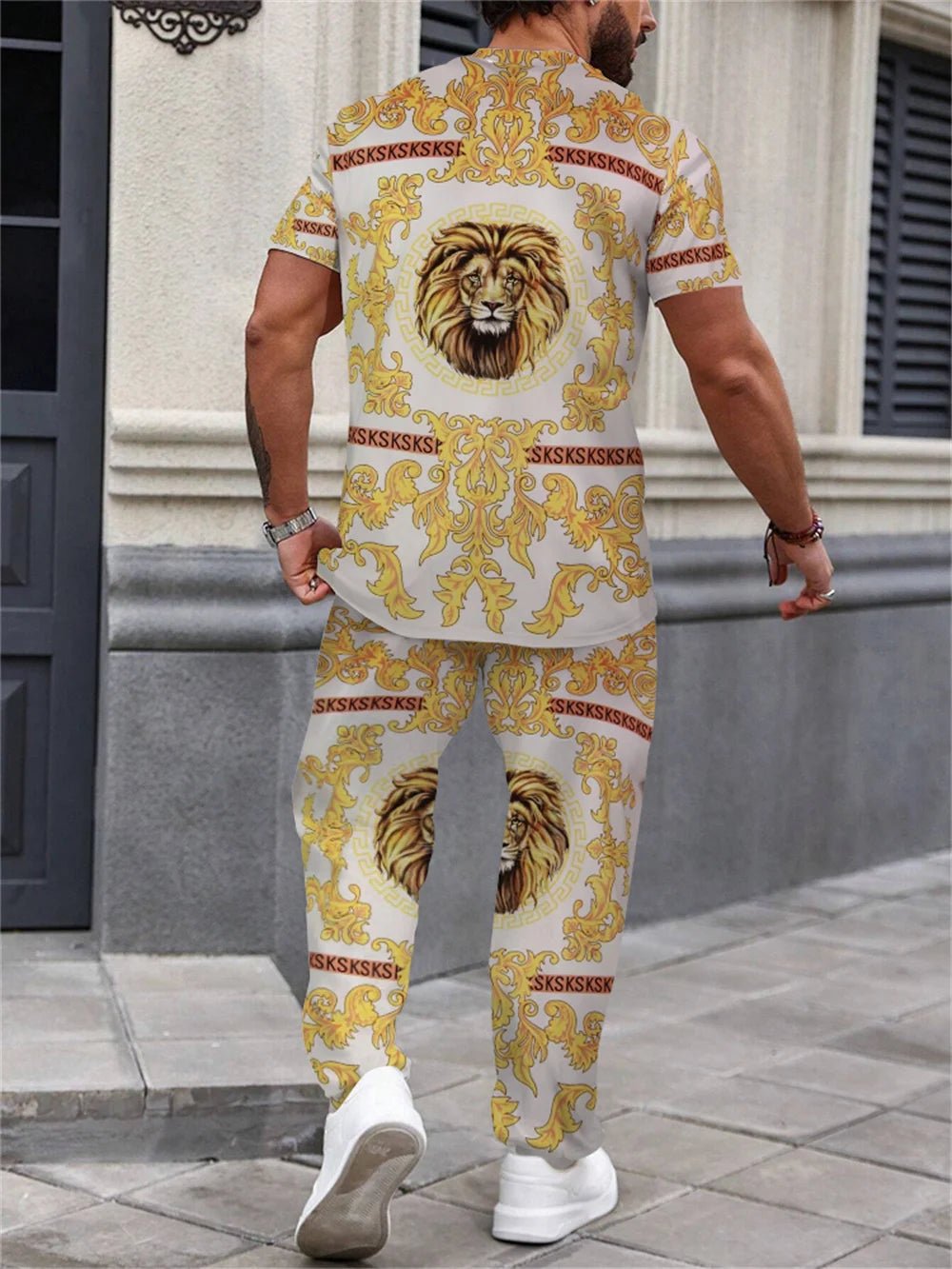 Summer Men's Short Sleeve And Trousers Lion Print Luxury Retro Casual Style Men's Suit Trend Pants And Short Sleeve 2 Piece Set