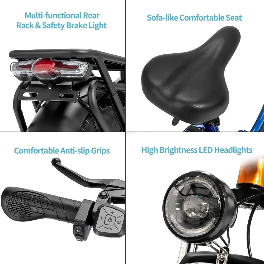Adult Electric Bike - 1000/1500W, 30/36 MPH, 48V 15/20Ah Removable Battery with 20''/26" Fat Tire 7 Speed Folding Electric Bike