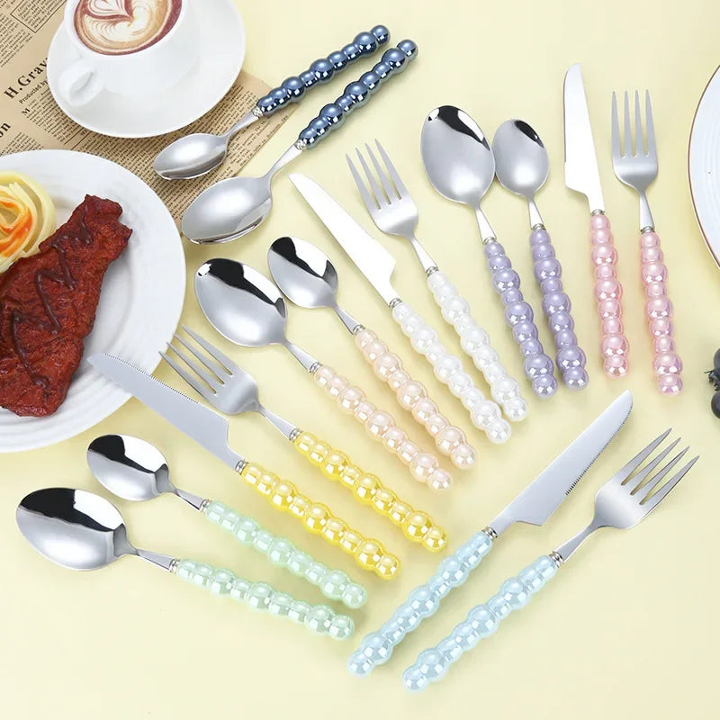 4Pcs Gold Dinnerware Set Stainless Steel Cutlery Knife Tea Fork Coffee Spoon Pearl Ceramic Handle Flatware Utensils for Kitchen