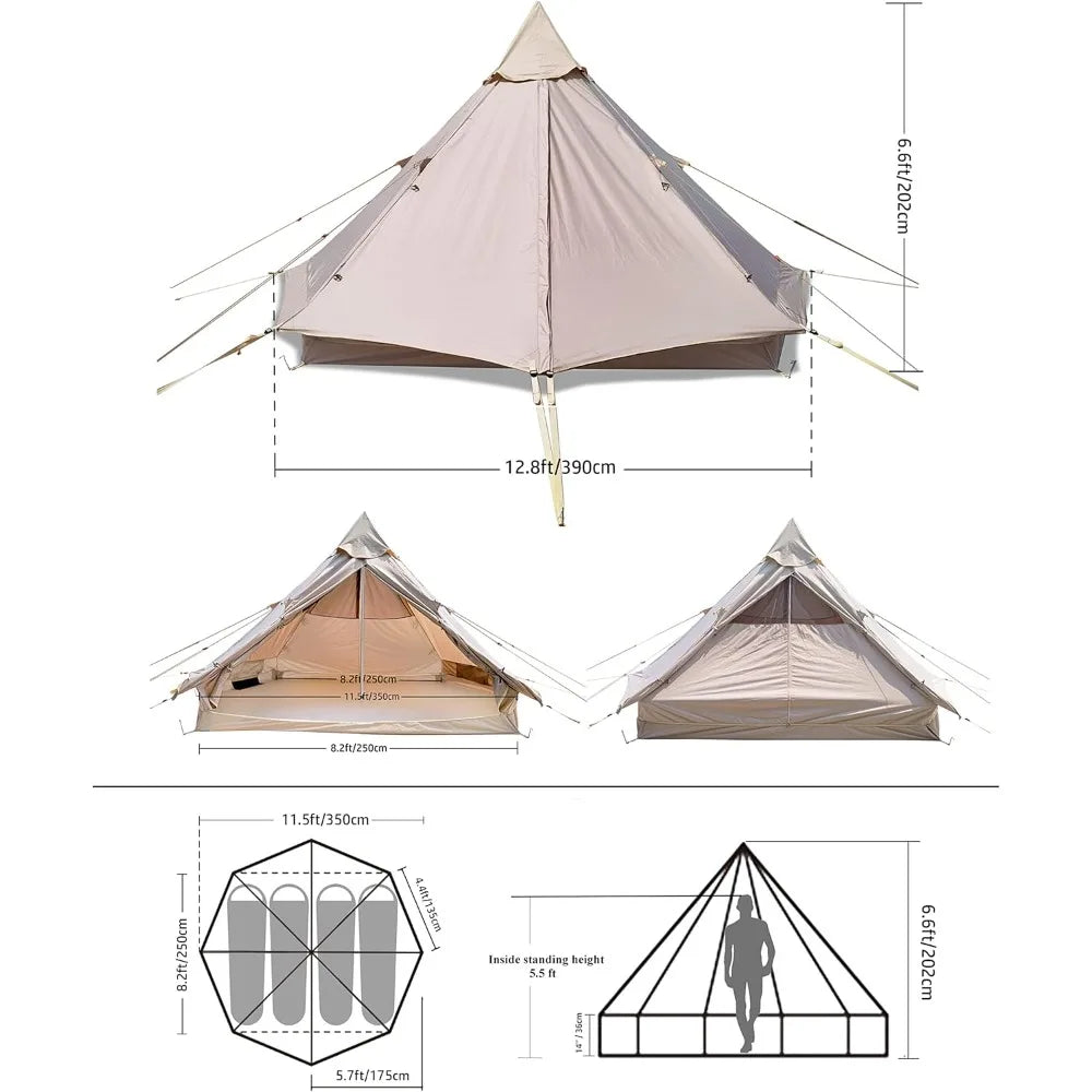 Outdoor Camping Tent Oxford Bell Tent Safari Tents Yurt Tent for Family with Cool Ventilation Mosquito Net Doors & Windows