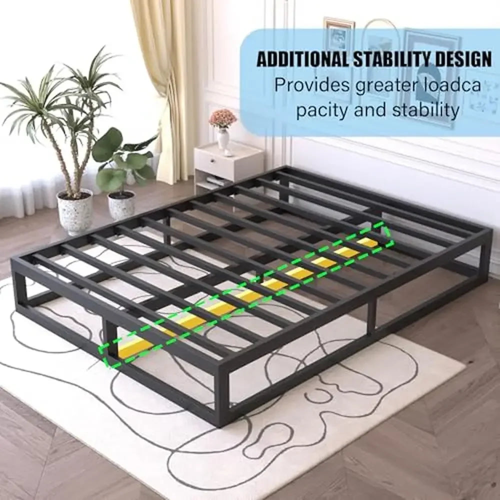 10 Inch Steel Slat Queen Bed Frame Strong Metal Platform Mattress Foundation Anti-Skid Queen Size Bedframe Easy Assembly Black