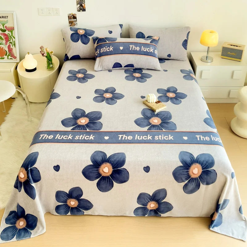 Geometric Plaid Pattern Flannel Bed Sheet Set Super Soft Plush Bed Sheets with 2 Pillowcases Luxury Queen Size Bedding Set