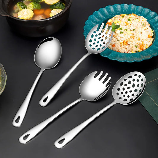 304 Stainless Steel Long Handle Public Hole Spoon Serving Fork Salad Household Tablespoons Cutlery Dinnerware Kitchen