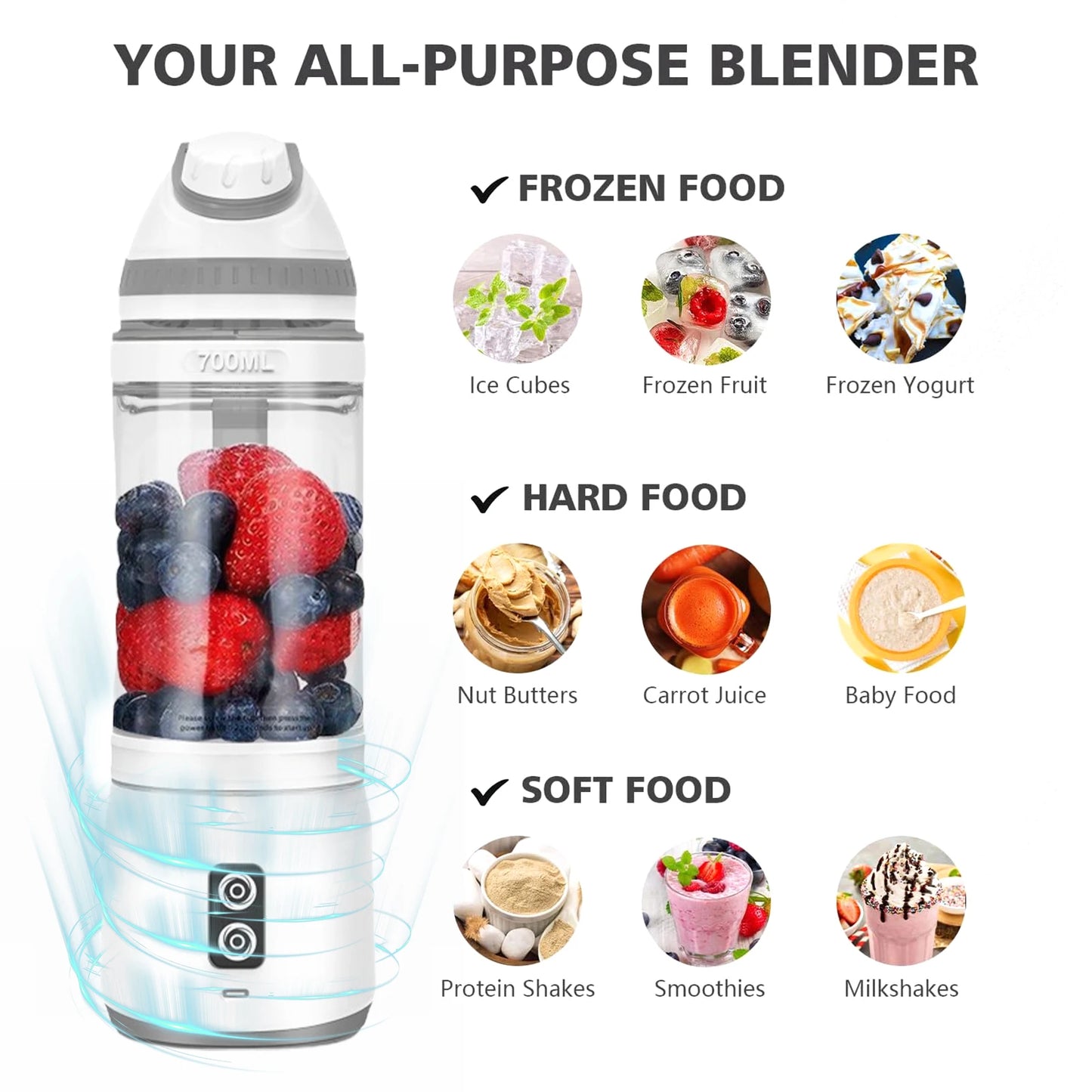 24oz Portable Blender Juicer Cup USB Rechargeable Smoothies Mixer Fruit Machine