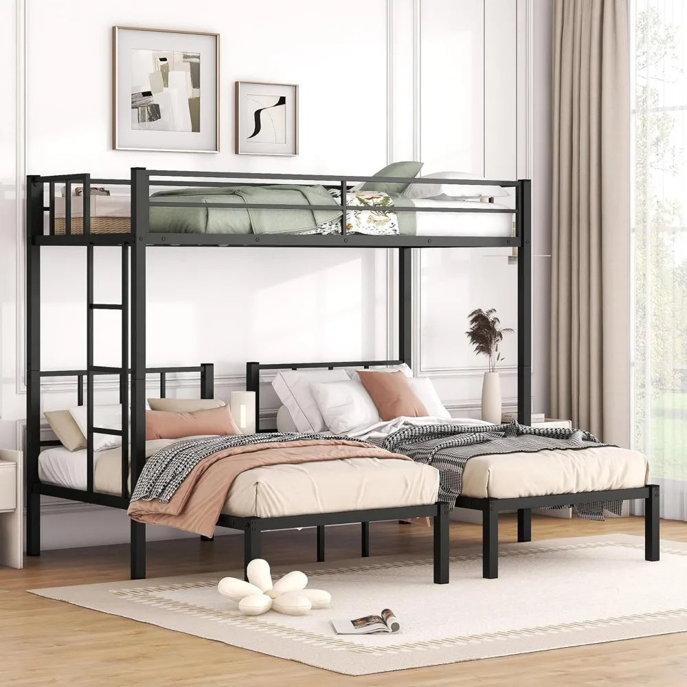 Black Metal Triple Bunk Beds Frame, Twin Over Twin & Twin Bunk Bed with Guardrails, Can Be Separated into 3  Beds for Kids