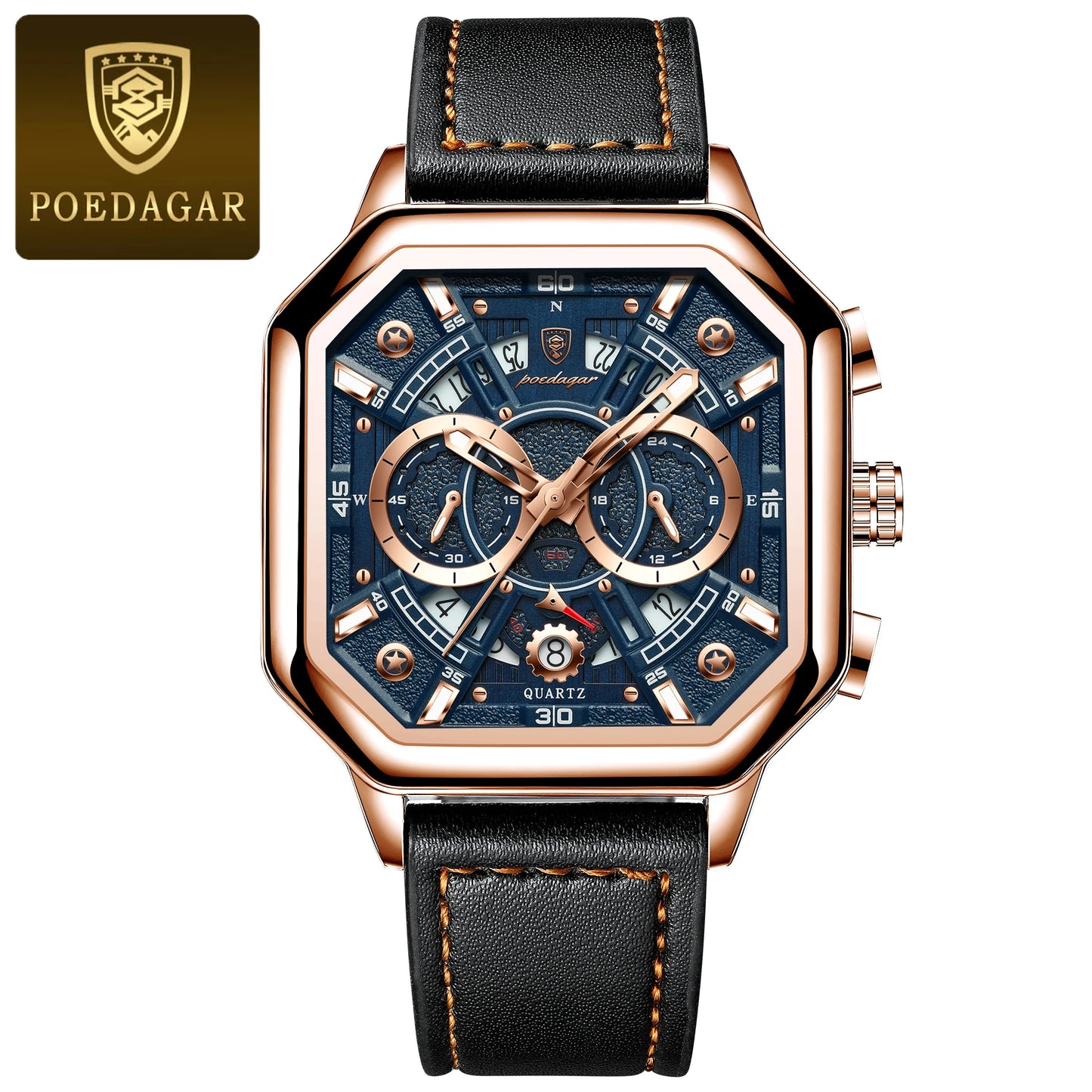 POEDAGAR Luxury Chronograph Square Man Watch Waterproof Luminous Date Men Watch Sports Leather Men's Watches Quartz Reloj Hombre