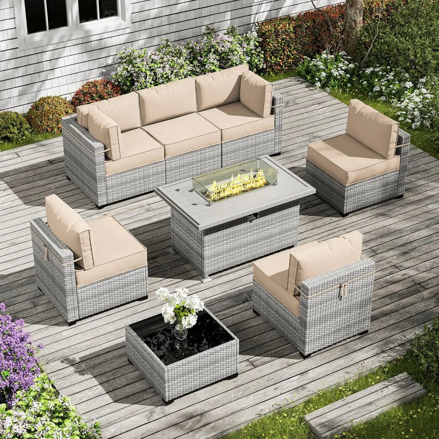 8-Piece Patio Furniture Set With Fire Pit Table, Seat Cushions Light Grey Outdoor Modular Wicker Conversation Set