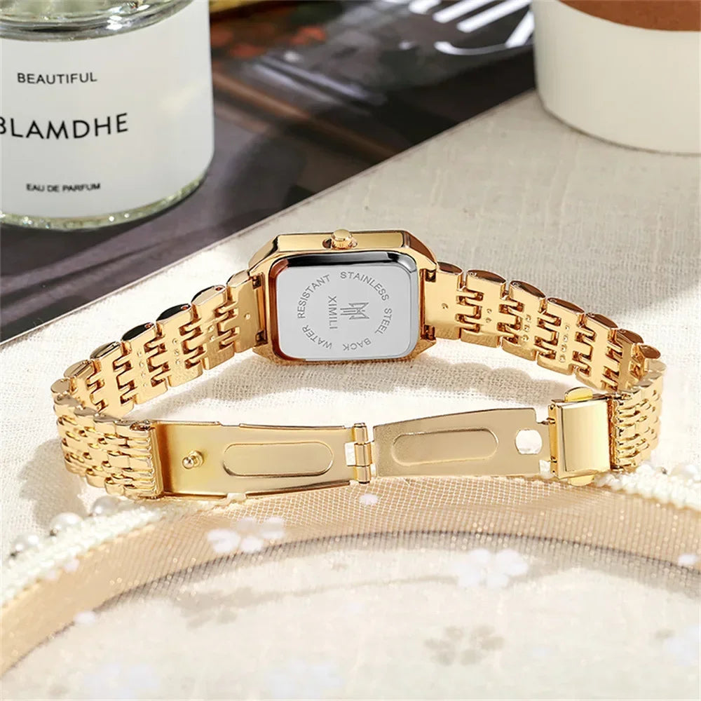Luxury Ladies Bracelet Quartz Wristwatch Simple Scale Square Quality Gold Plated Women Watches Business Alloy Folding Clock