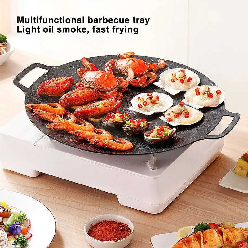 Korean BBQ Grill Pan Smokeless Round Griddle Pan Barbecue Plate Indoor Outdoor Grilling Frying Pan with Heat-resistant Gloves