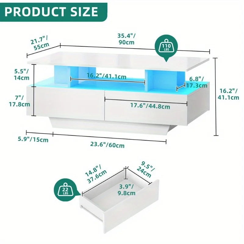 High Gloss Coffee Table Center Cocktail Table with LED Lights & Sliding Drawers