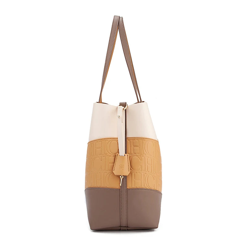 CH Versatile Trend Tote Bag Leather Solid Color Splicing Large Capacity Crossbody Bag Simple Fresh Style Commuting Shoulder Bag