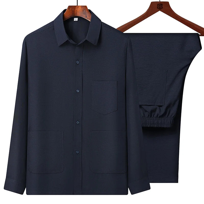 Men Sets Casual Tang Clothing Long Sleeve Shirts Pants two piece Hanfu Kung Tang Suit Chinese Men's National Clothing Suit