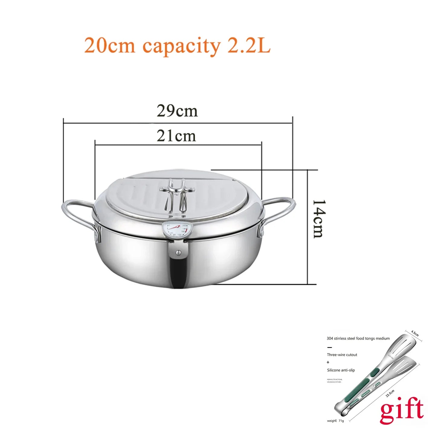 304 Stainless Steel Pan ,Tempura Fryer Pan, Japanese Deep Frying Pot with a Thermometer and a Lid， cookware ，20 /24 /28cm