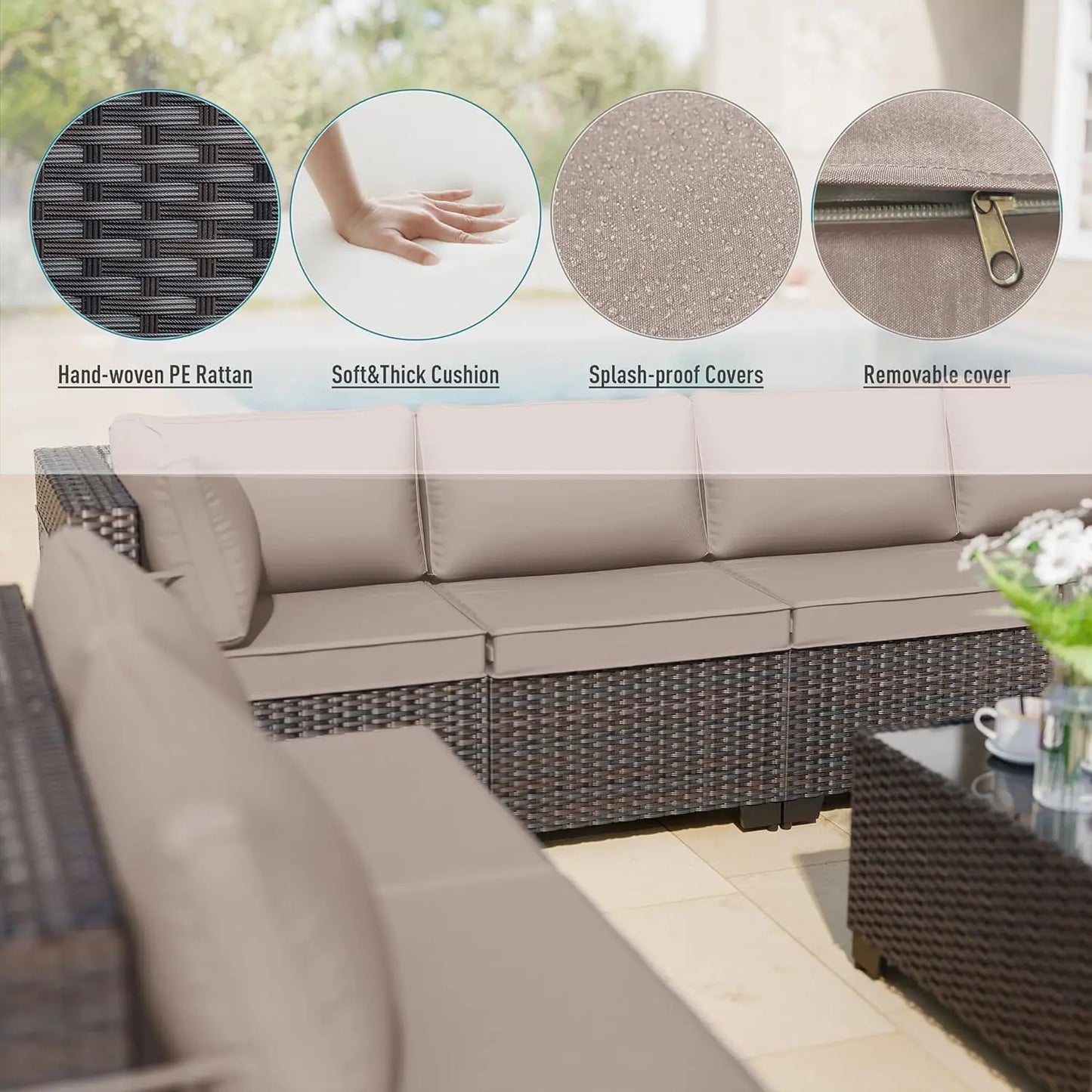 Patio Furniture Modularwith Swivel Chairs Outdoor Sectional Wicker Rattan w/Fire Pit Conversation Sofa Set for Backyard