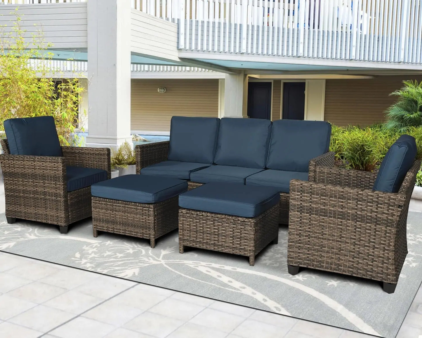 Rattan Outdoor Combination Reception Set, Terrace Furniture, 3 Outdoor Sofas, 2 Single Chairs, 2 Footstools