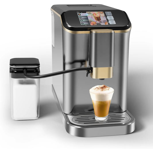 Grey Gold Fully Automatic Espresso Machine, 20 Bar Coffee Machine with Grinder & Automatic Milk Frother, One-Touch Control Panel
