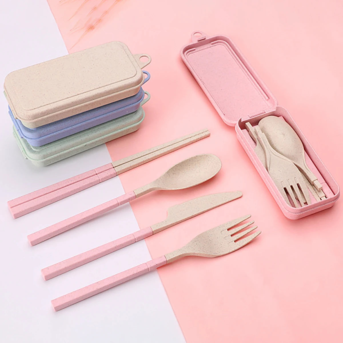 Wheat Straw Portable Tableware Knfe Fork Spoon Chopsticks Dinnerware Set with Storage Box Detachable Travel Cutlery for Student