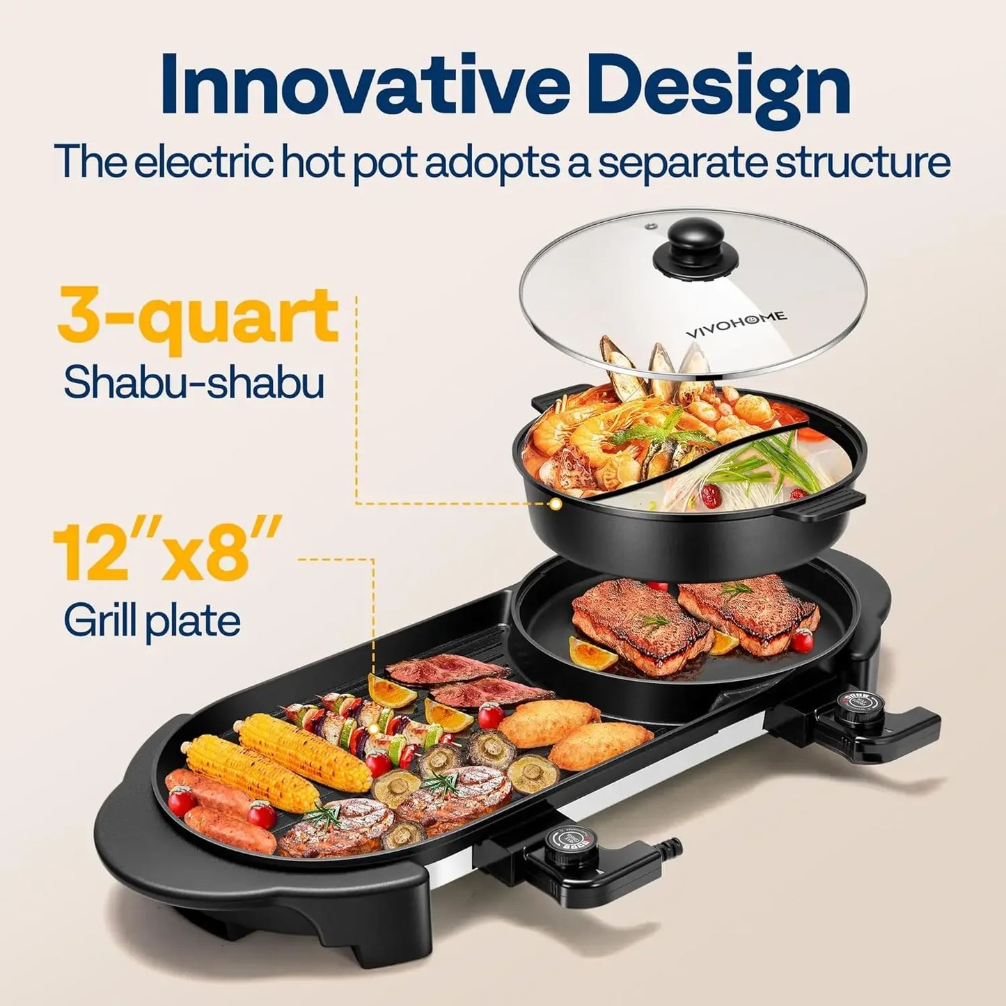 2000W Electric Hot Pot with Grill, Removable Shabu-shabu Pot w/Non-stick Baking Pan, Separate Temperature Control 2-IN-1 Hotpot