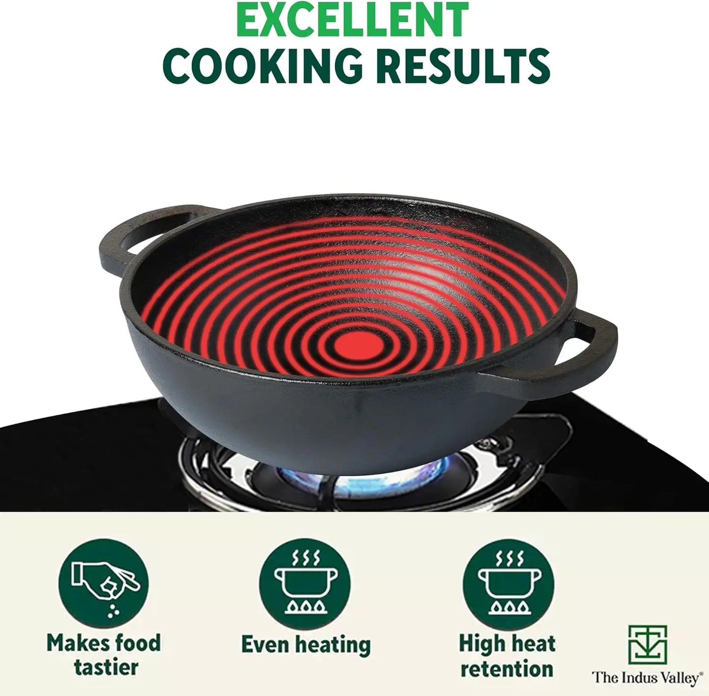 Pre-Seasoned Cast Iron Kadai with Flat Handles Free Wooden Flip | Medium, 25.4 cm/10 inch, 2.3Ltr, 2.5kg