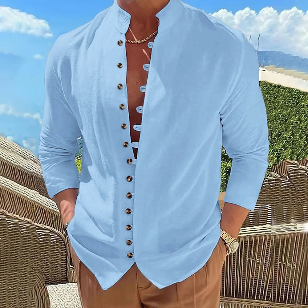 Spring and autumn men's fashion retro cotton and linen casual shirt trend new multi-button solid color stand collar long sleeve