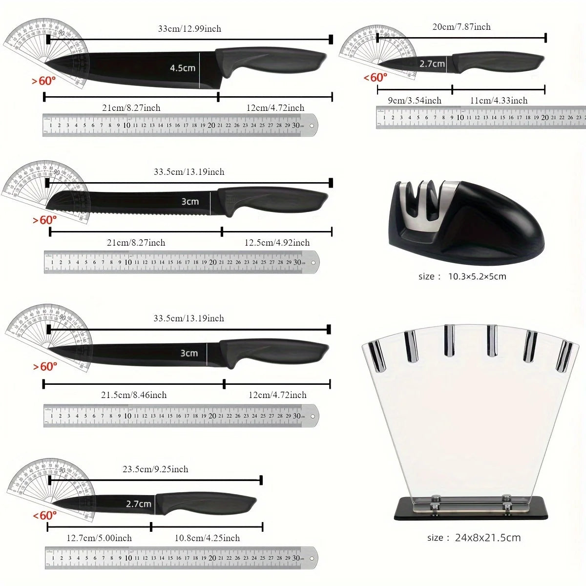 A set of 7 kitchen knives, a set of stainless steel black knives, professional chef's knife, acrylic stand, kitchen accessories