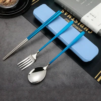 3-Piece Portable Flatware Set, Chopsticks, Fork and Spoon with Travel Case Cutlery Set For Home Office Camping Bento Box