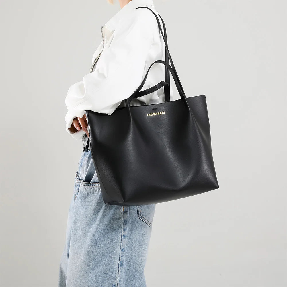 Women PU Shoulder Bag Stylish Single Shoulder Bag Large Capacity Trendy Tote Handbag with Pouch Chic Hobo Bag Simple Work Bag