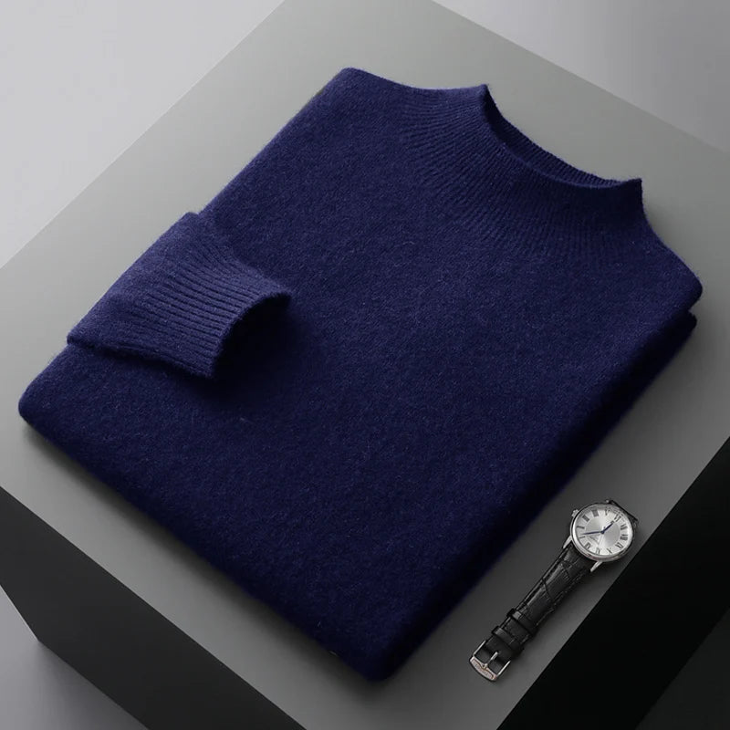 New Men's 100% Merino Wool Mock Neck Pullover Cashmere Sweater Soft Warm Jumpers Quality Casual Smart Knitwear Basic Tops Clothi