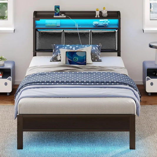 Bed Frame Twin Size with Charging Station and LED Lights, PU Leather Headboard with Storage Shelves, Heavy Duty Metal Slats