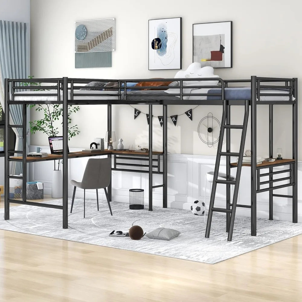 Double Twin Size Loft Beds, Metal L-Shaped Loft Bed Frame with Two Desk Underneath for 2 Kids Boys Girls Teens, Black