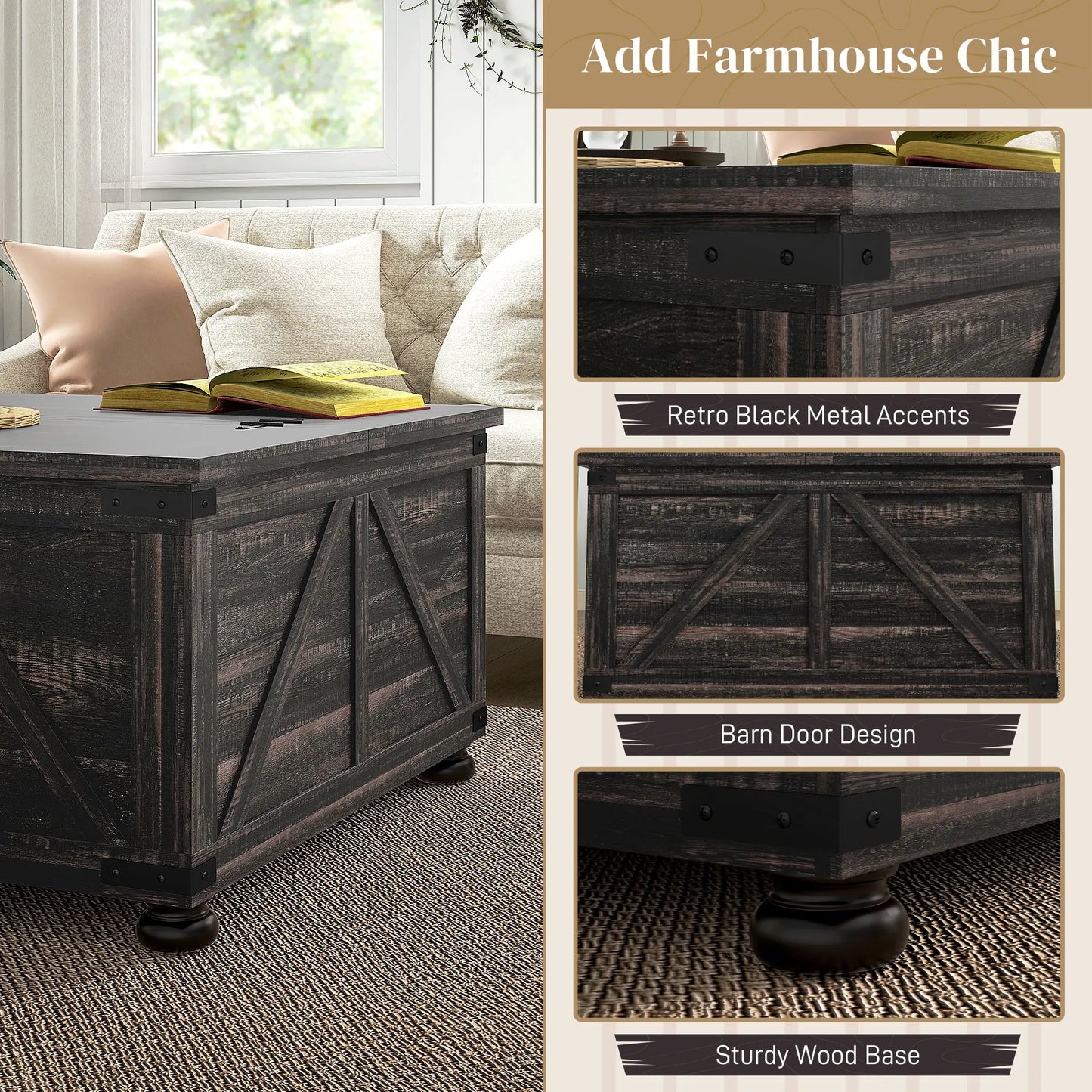 Coffee Table with Flip Top Hidden Storage, Square Center Table Distressed Brown