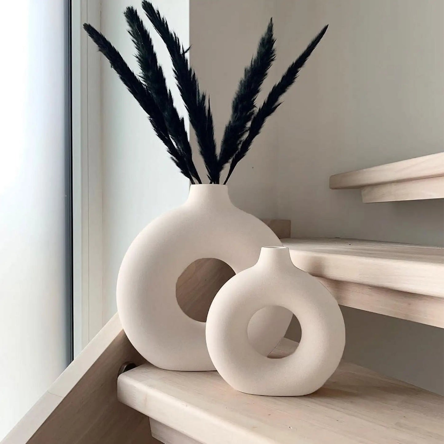 Ceramic Vases for Home Decor Set of 2 Donut Vases Modern White Farmhouse Vases Round Boho for Bookshelf Mantel